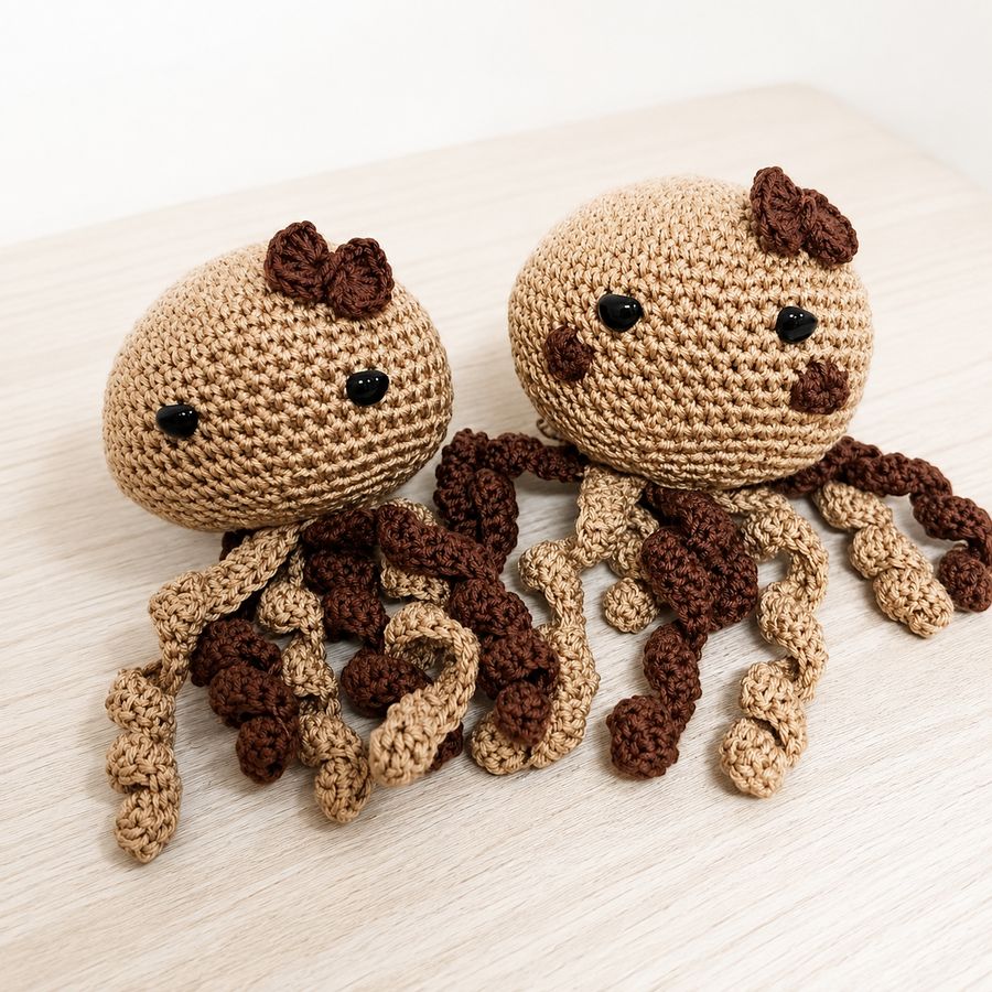 Pareja de amigurumis de pulpo en tono marrón