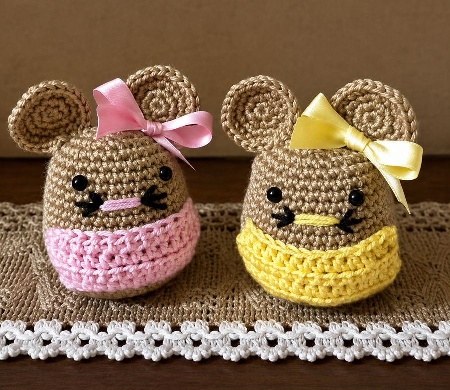 Pareja de amigurumis de ratón en tonos rosa y amarillo