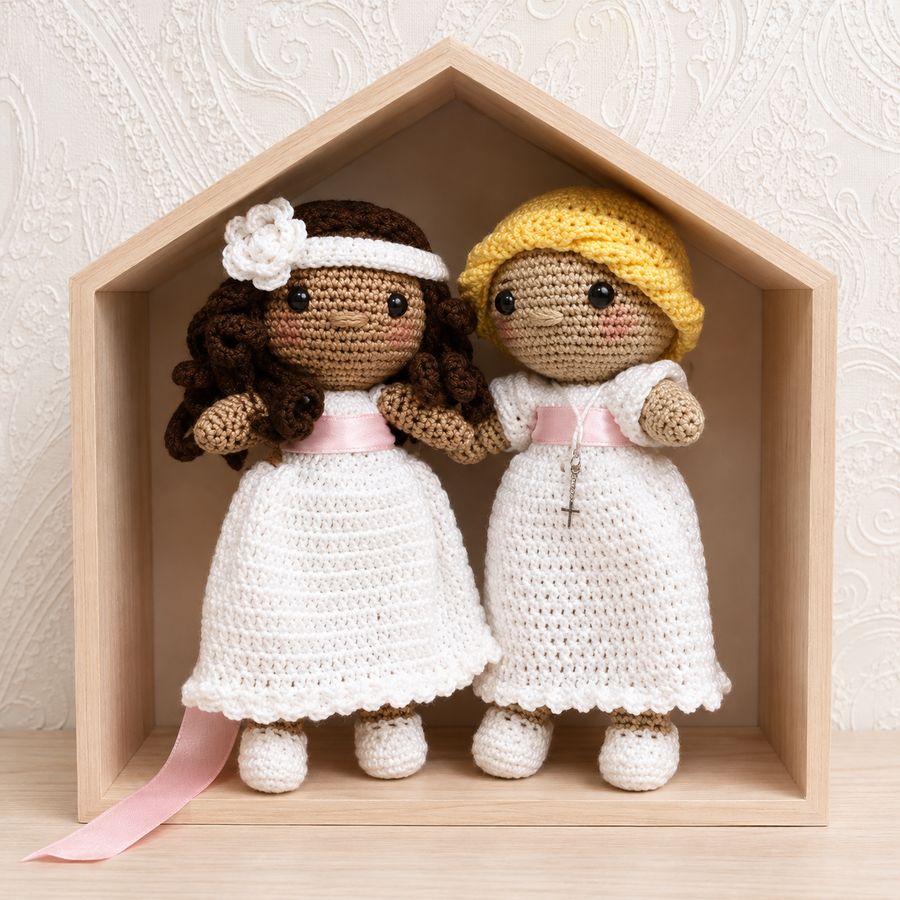Dos muñecas de comunión en vitrina de madera en forma de casita