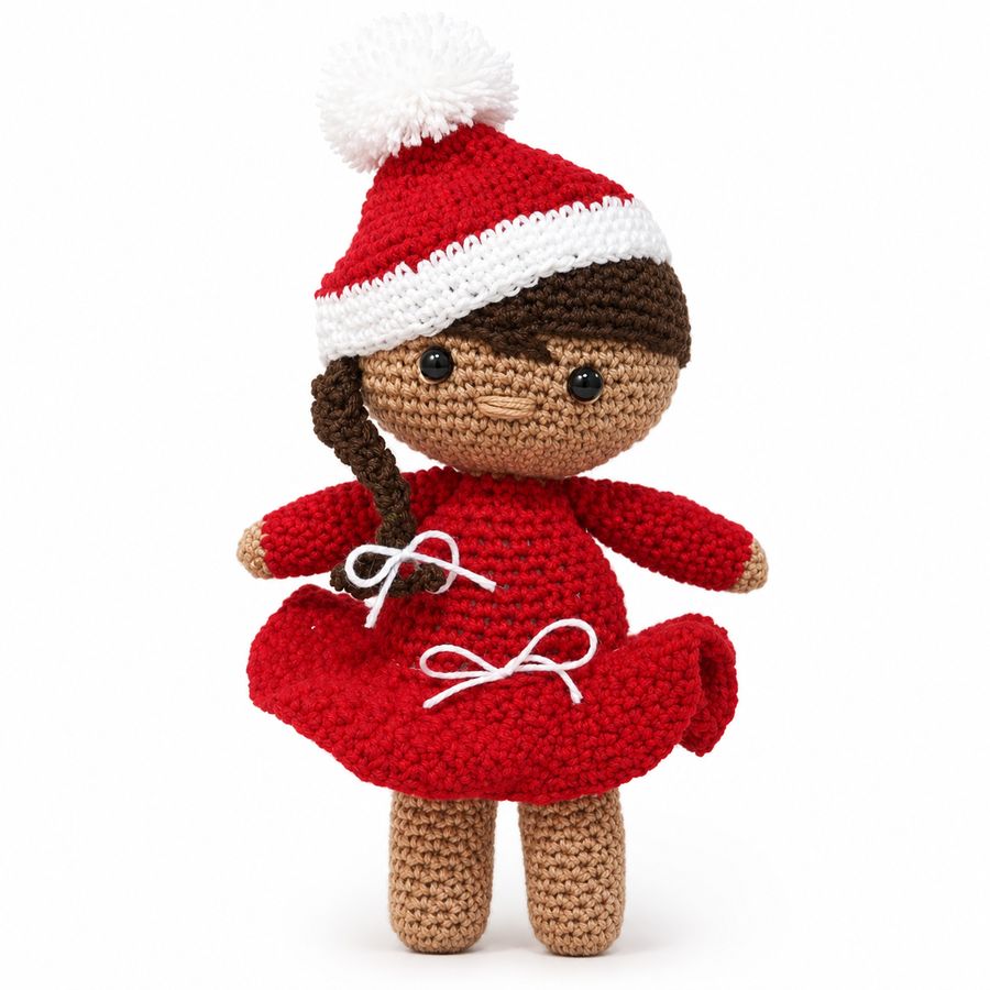 Muñeca amigurumi navideña vestida de rojo